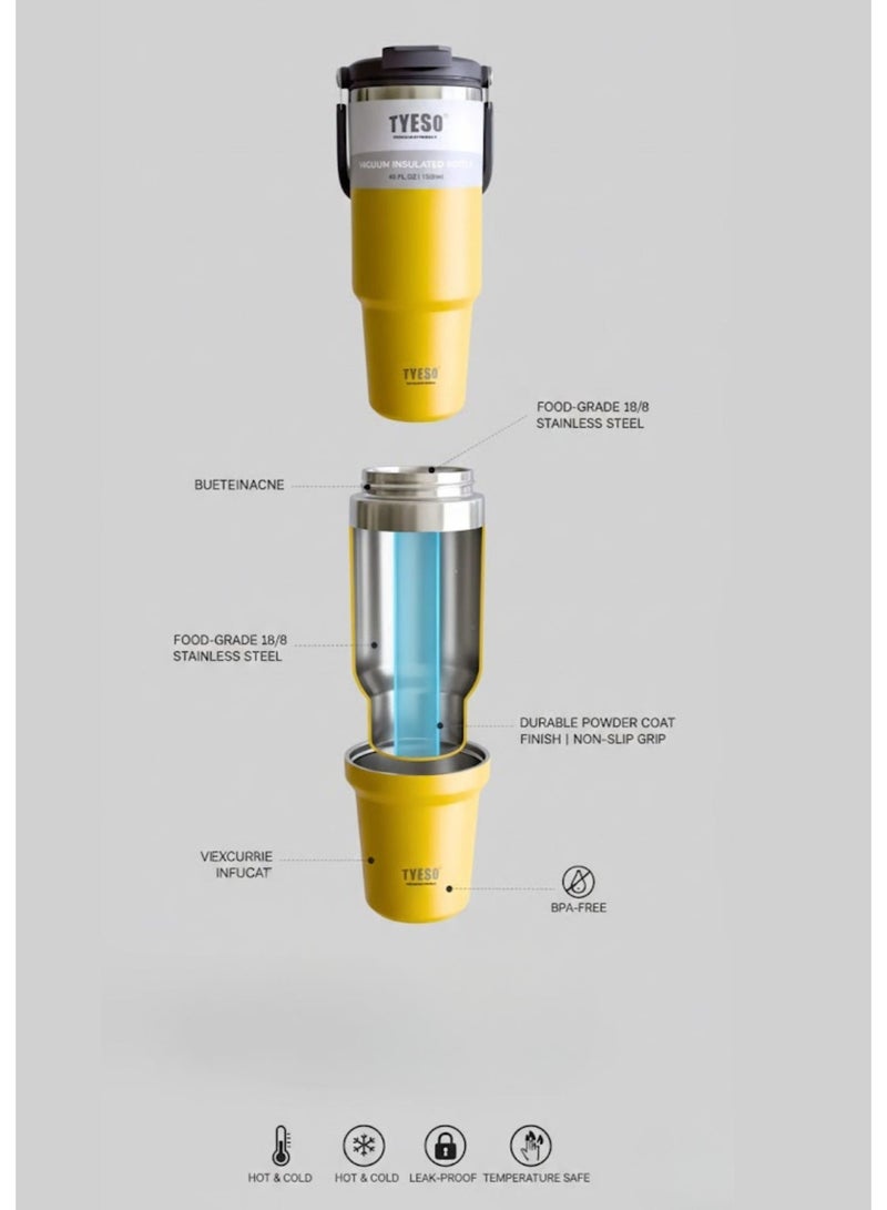 TYESO 1200ml Vacuum Insulated Tumbler 40oz Stainless Steel Travel Mug with Handle & Lid – Double Wall Thermal Water Bottle for Hot & Cold Drinks, Leakproof Large Capacity Cup – Yellow - Image 5